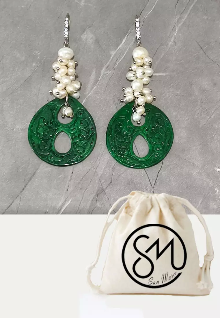 Jade Earrings Duo Holes Pearl Embellished Anting Wanita Batu Giok Green & Pearly White