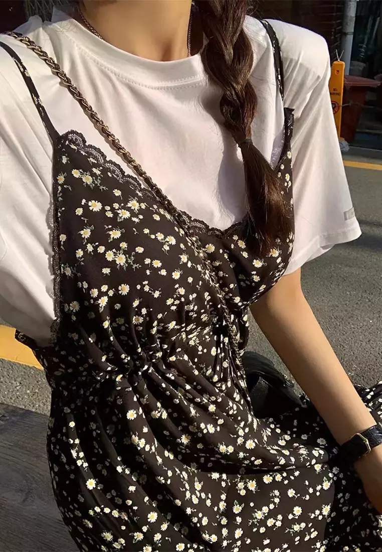 Vintage V-neck patchwork lace camisole dress  CA25032721BL