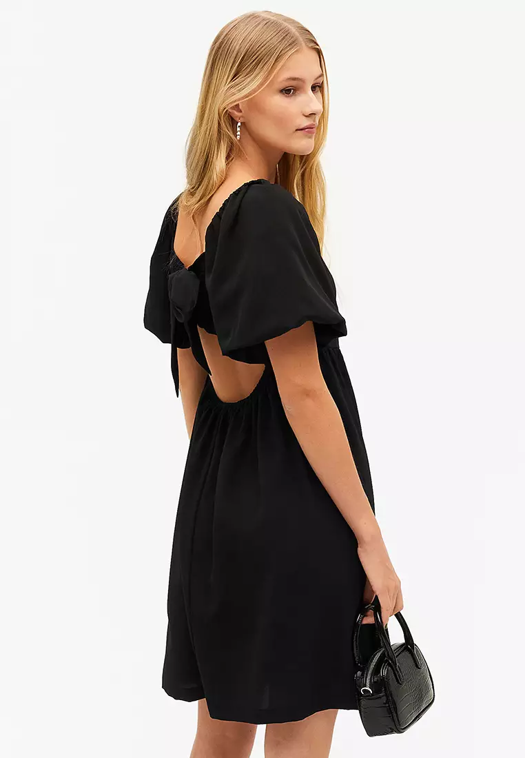Black Lace Notch Neck Puff Sleeve Mini Dress