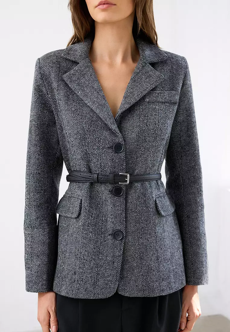 Anthracite Self-Belted Herringbone Woven Cashmere Blazer Jacket