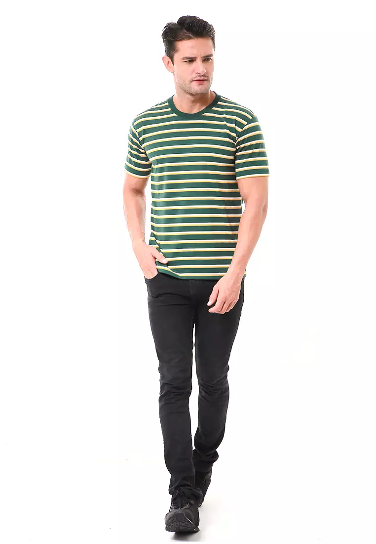 Aisley Kaos Pria Lengan Pendek Sweatshirt Kasual Stripe Motive Material Cotton ORIGINAL - Green