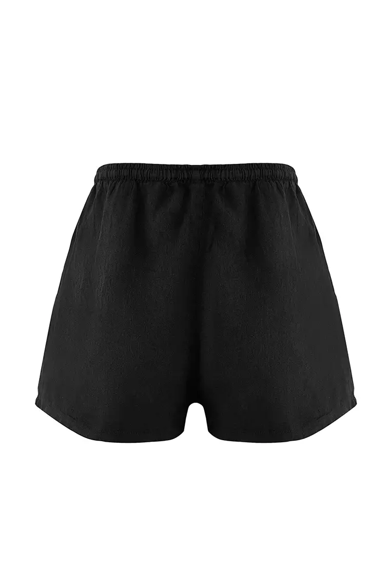 Black Woven 100% Linen Beach Shorts TBESS25SR00013