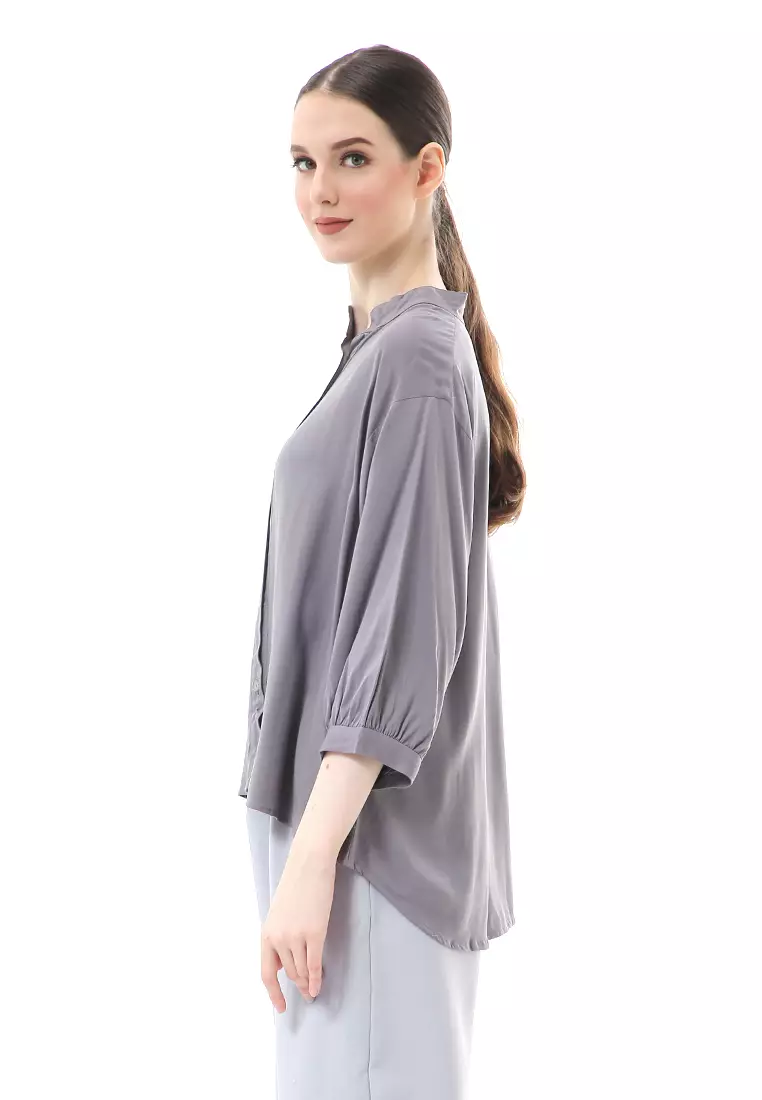 Ghita Kemeja Atasan Wanita Motif Polos Long Sleeve High Quality - Abu Tua
