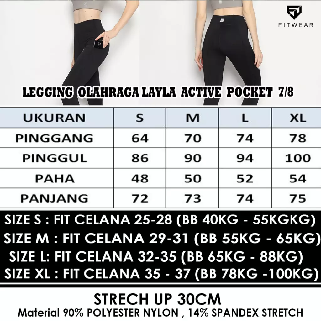 Fitwear - Legging Olahraga Wanita LAYLA ACTIVE POCKET 7/8 - BLACK WAIST TIE