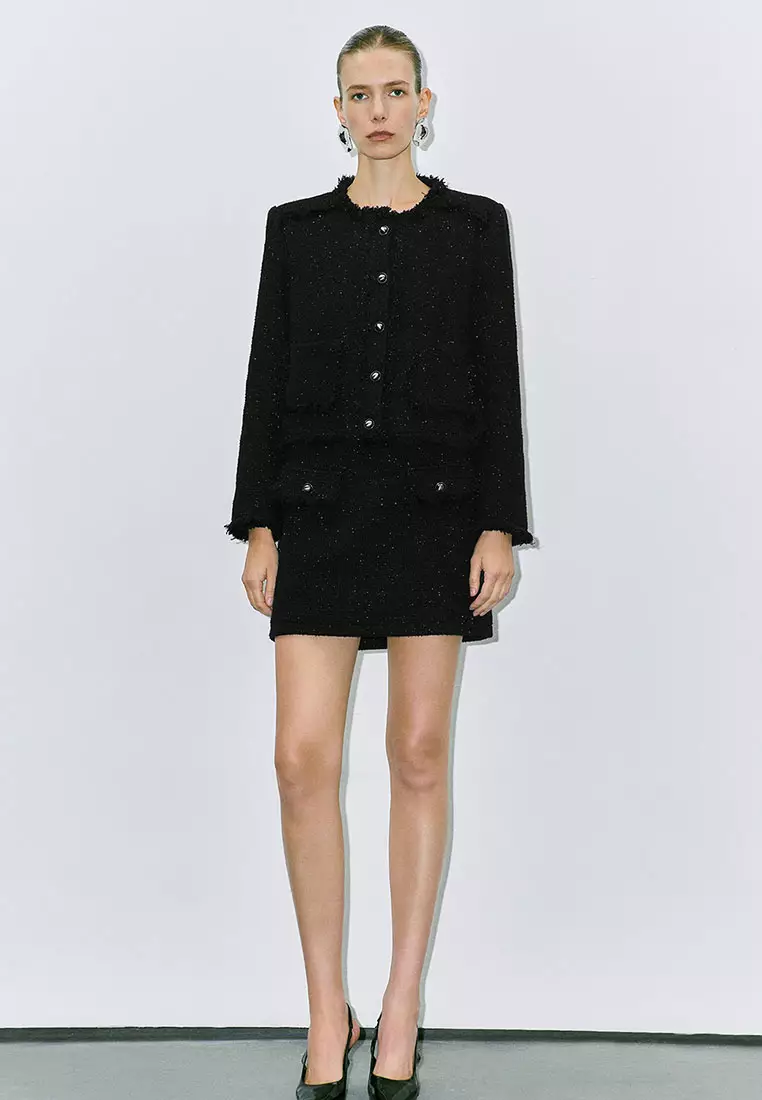 UR冬季新款女装小香气质细闪须边高腰直筒半裙UWM840092