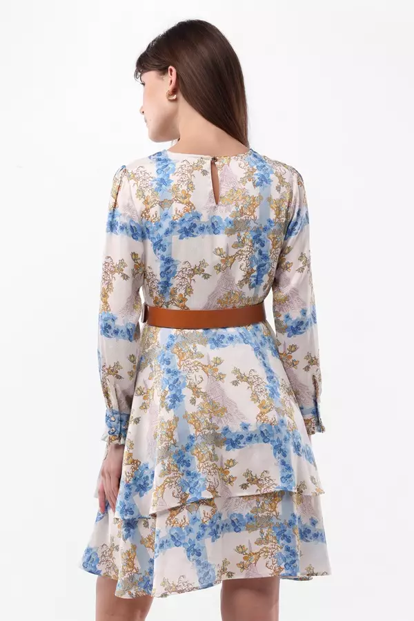 MINIMAL/Emily In Paris - Avriel - Dress Ruffle Motif Bunga - Blue Warna Blue