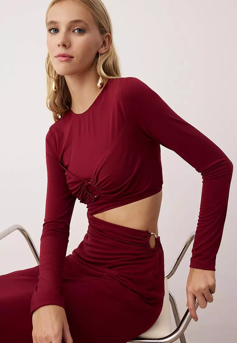 Burgundy Accessory And Waist Cut-Out Detail Knit Dress