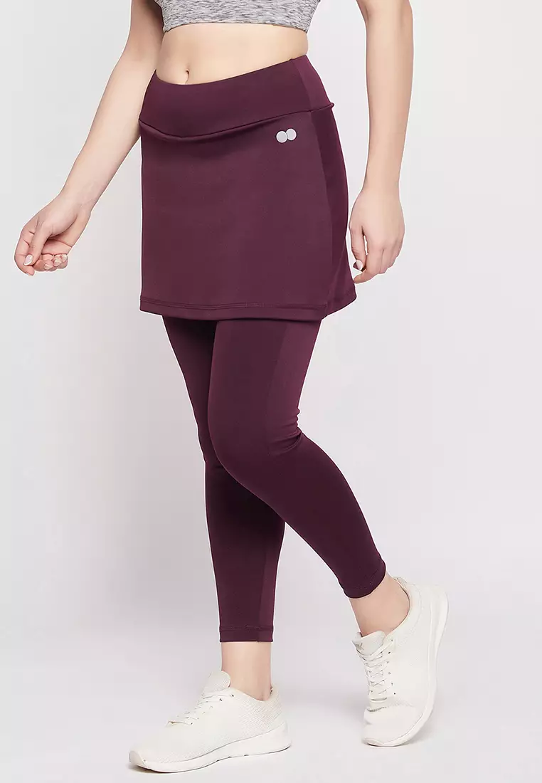 Clovia Snug-Fit High Rise Active Skirt with Attached Tights in Plum Colour