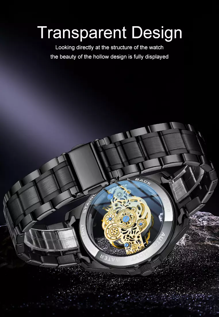 Jam Tangan Pria HD Luminous Function Hollow Dial Tali Stainless Steel Anti Air Jam Tangan Cowok black