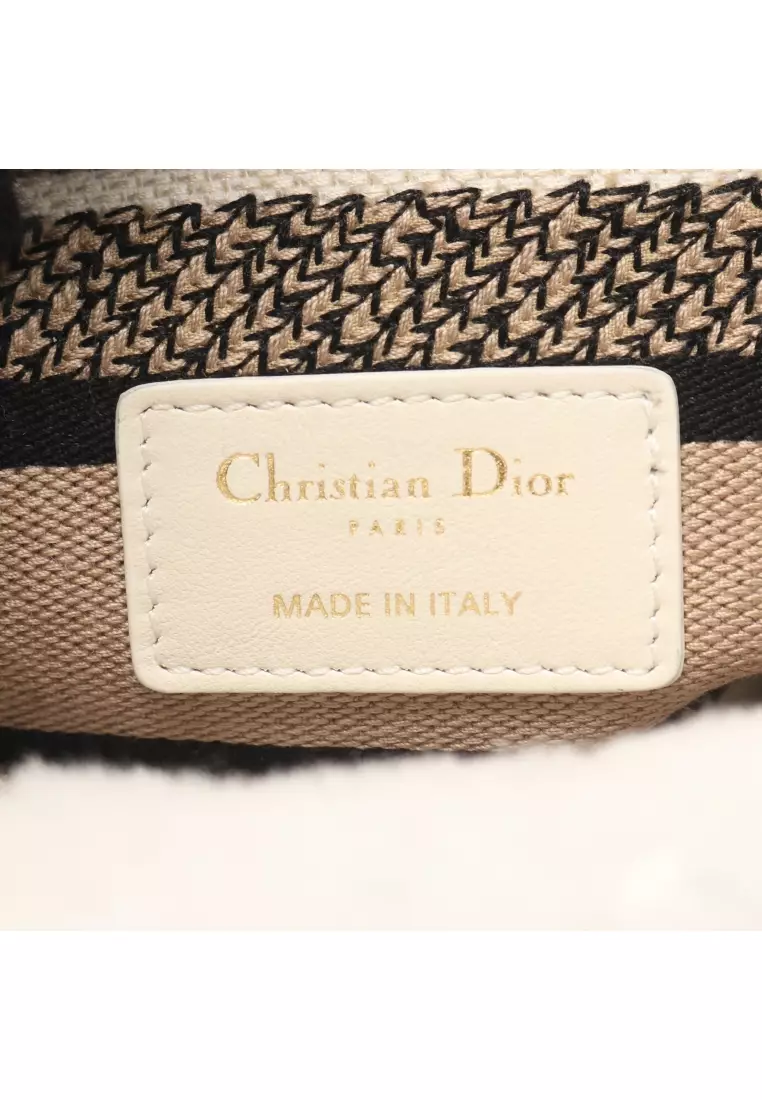 Pre-Loved Christian Dior LADY D-LITE medium bag Handbag shearling canvas white beige black 2WAY