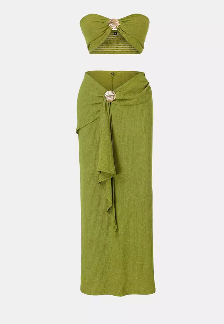 Oil Green Knitted Strapless Maxi Draped Accessoryed Wrap Beach Blouse Skirt Set Tbess26Au15