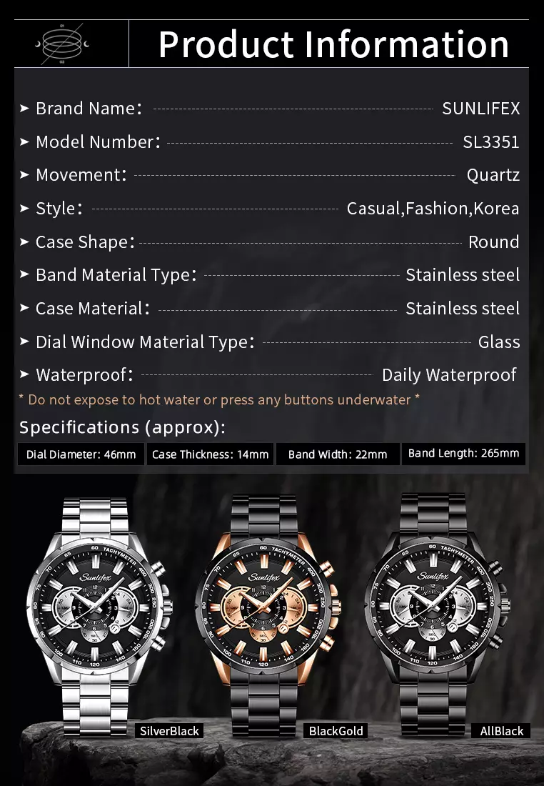 Jam Tangan Pria 3351 Kalender Kuarsa Jam Tangan Cowok Santai Tali Stainless Steel Original  blackgold