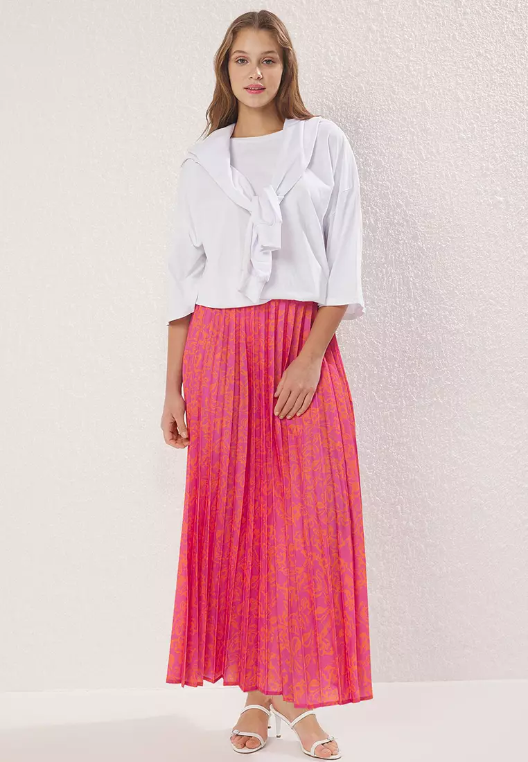 Pink Floral Pattern Pleated Waist Elastic Woven Skirt TCTSS23EE00018