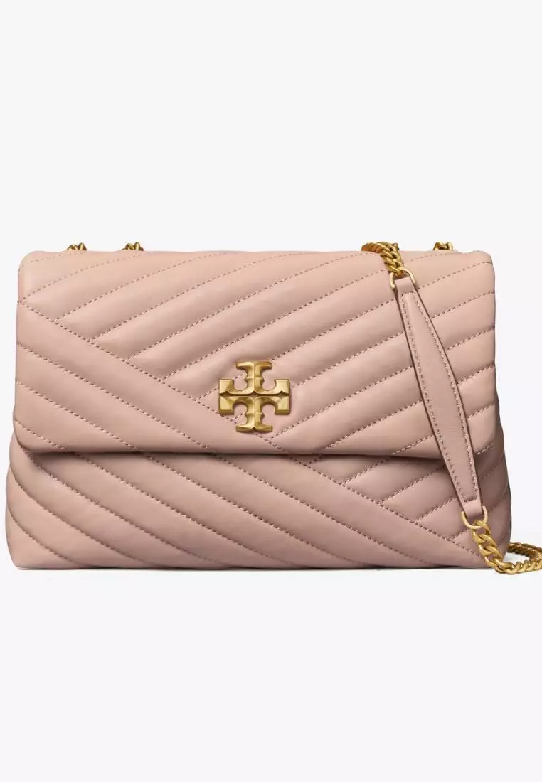 Tory Burch Kira Chevron Quilted Devon Sand Leather Chain Wallet in Natural