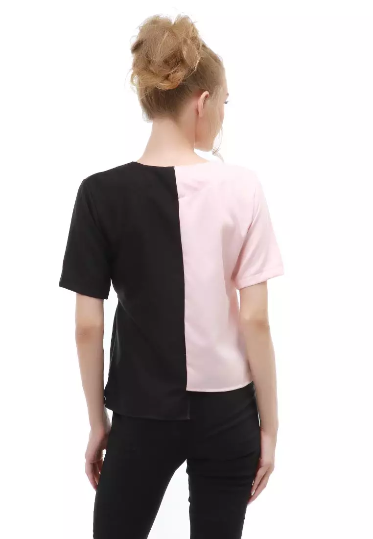 Cheva Blouse Atasan Wanita Kasual Zigzag Tali Ikat Samping Kombinasi 2 Warna Material Moscrepe ORIGINAL - Black Peach