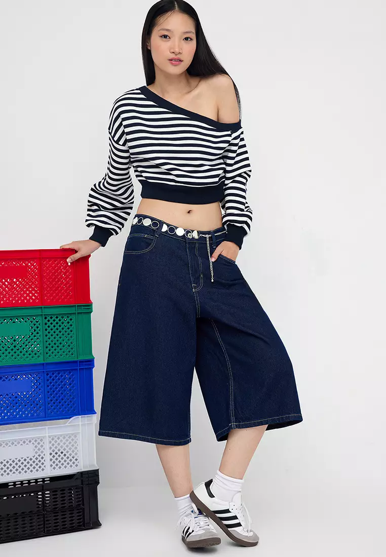 Teen Navy Blue Striped Regular Pattern Polar Fleece Crop Asymmetric Collar Knitted Sweatshirt Twoaw25Sw00143