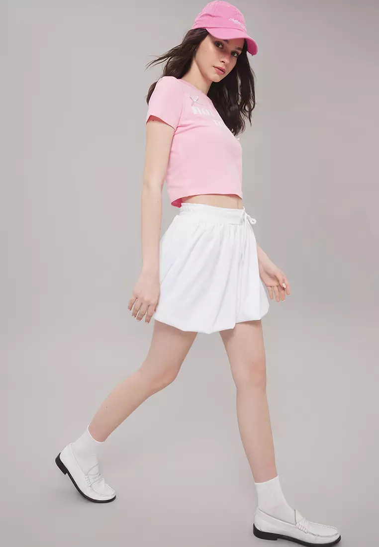 White Lace-Up Waist Balloon Mini Skirt