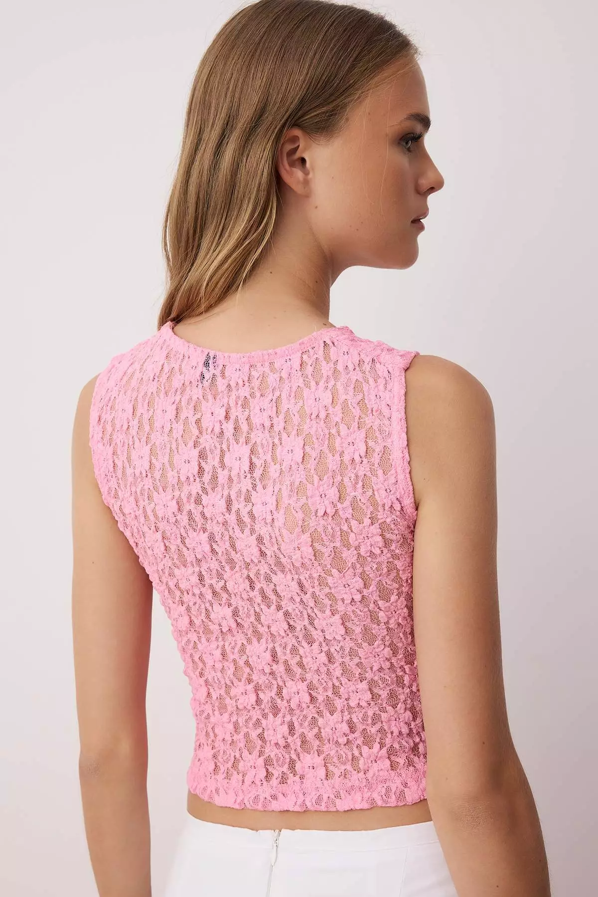 Pink Fitted Bodycon Lace Knitted Blouse