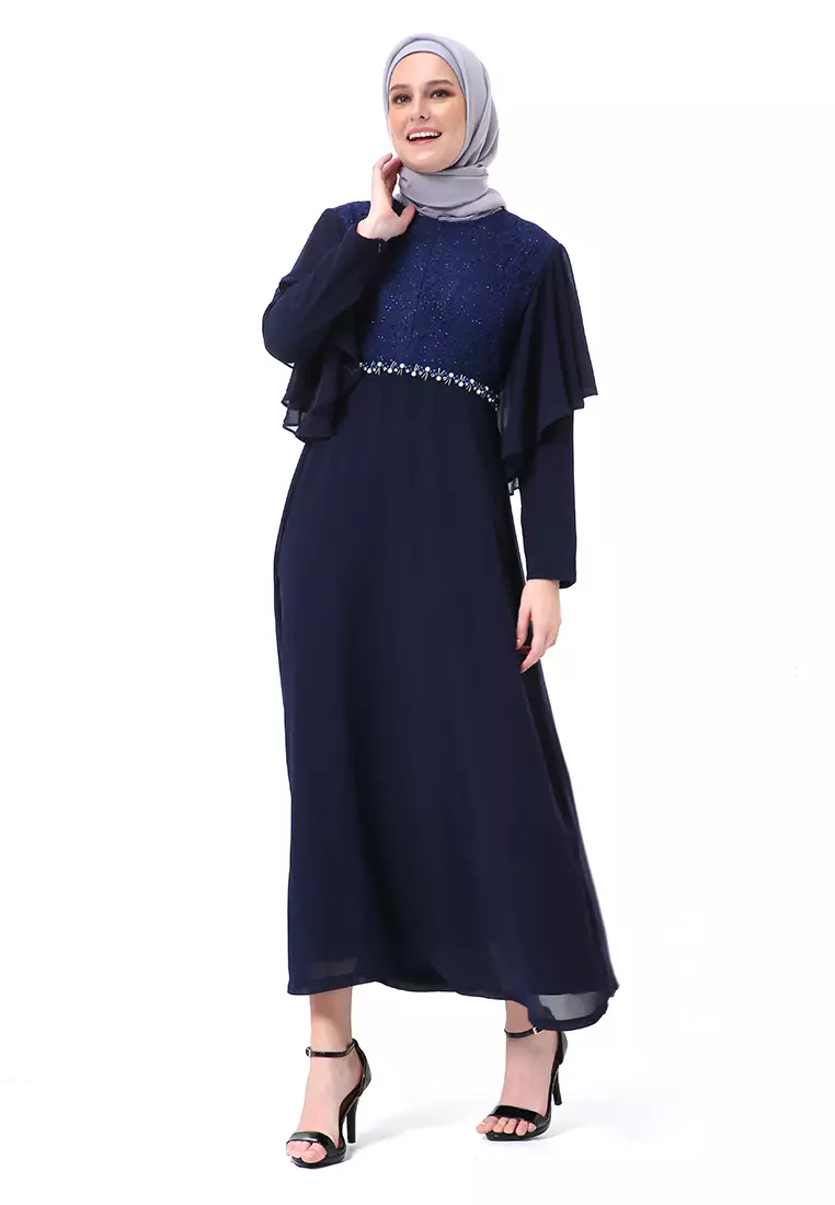 Hilda Dress Panjang Muslimah Wanita Long Sleeve High Quality Premium - Navy