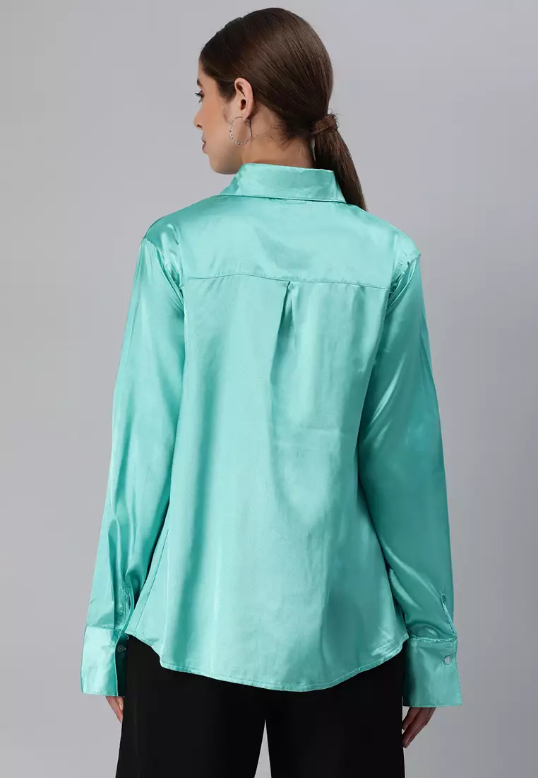 Aqua Long Sleeve Satin Shirt Blouse