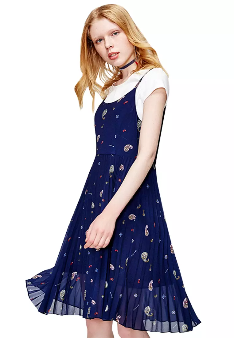 Buy Hopeshow Cute Navy Blue Floral Chiffon Dress 2024 Online