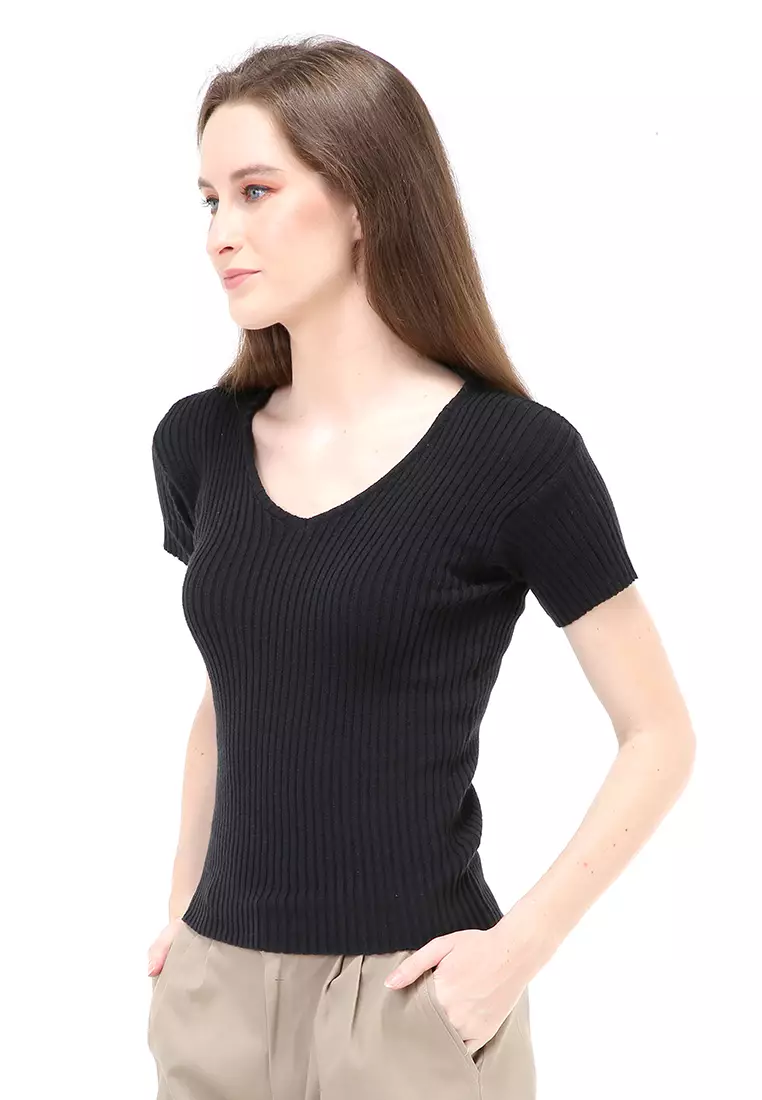 Amora Vneck Rajut Short Sleeves Atasan Casual Wanita - Black