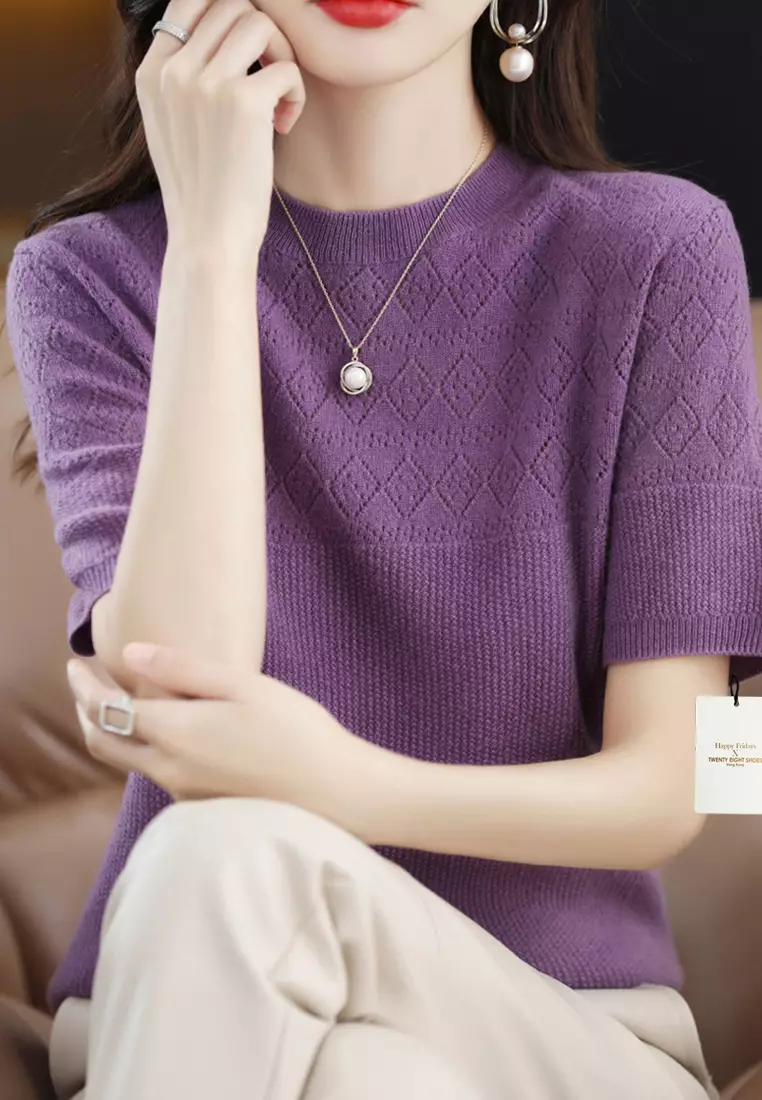 Rhombus Hollow Out Pattern Short Sleeve Knit Top JW QT-291