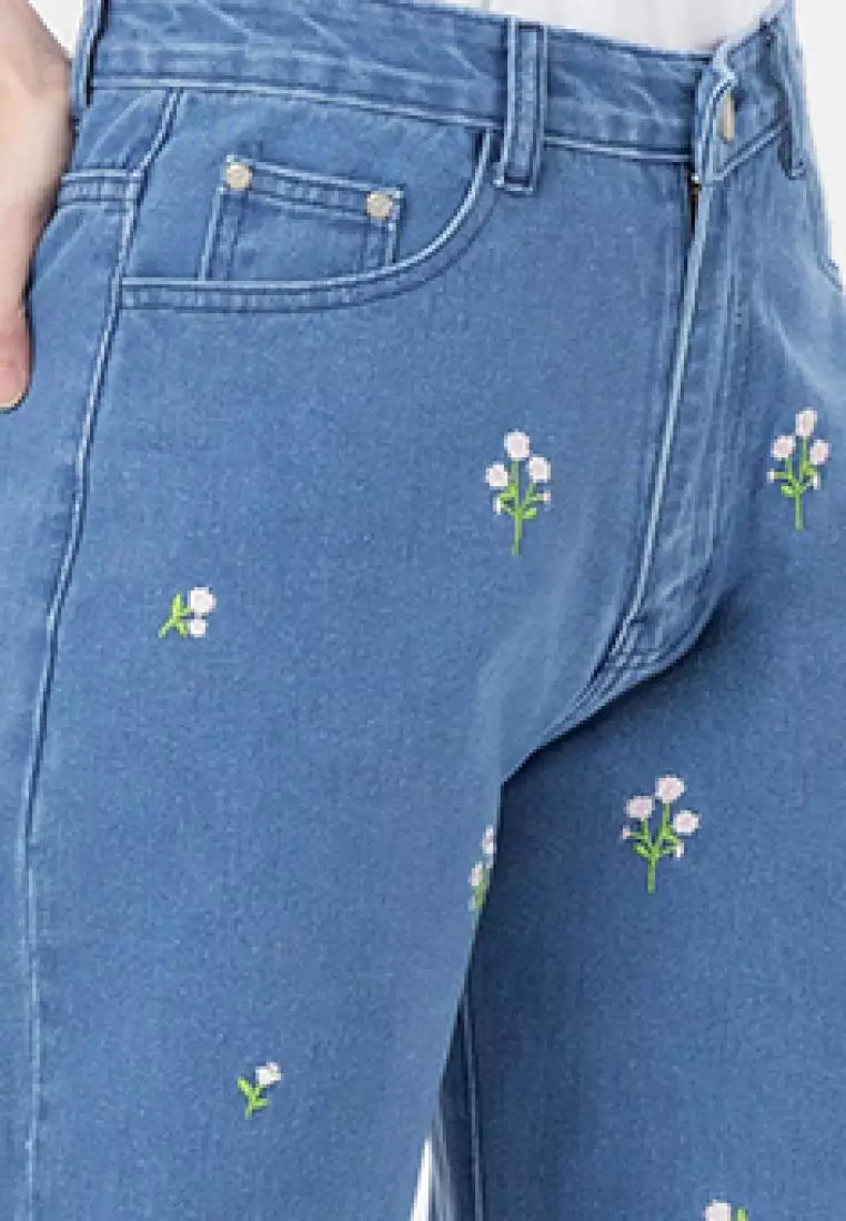 Jual MKY CLOTHING Tulips Pattern Straight Jeans in Blue Original 2024