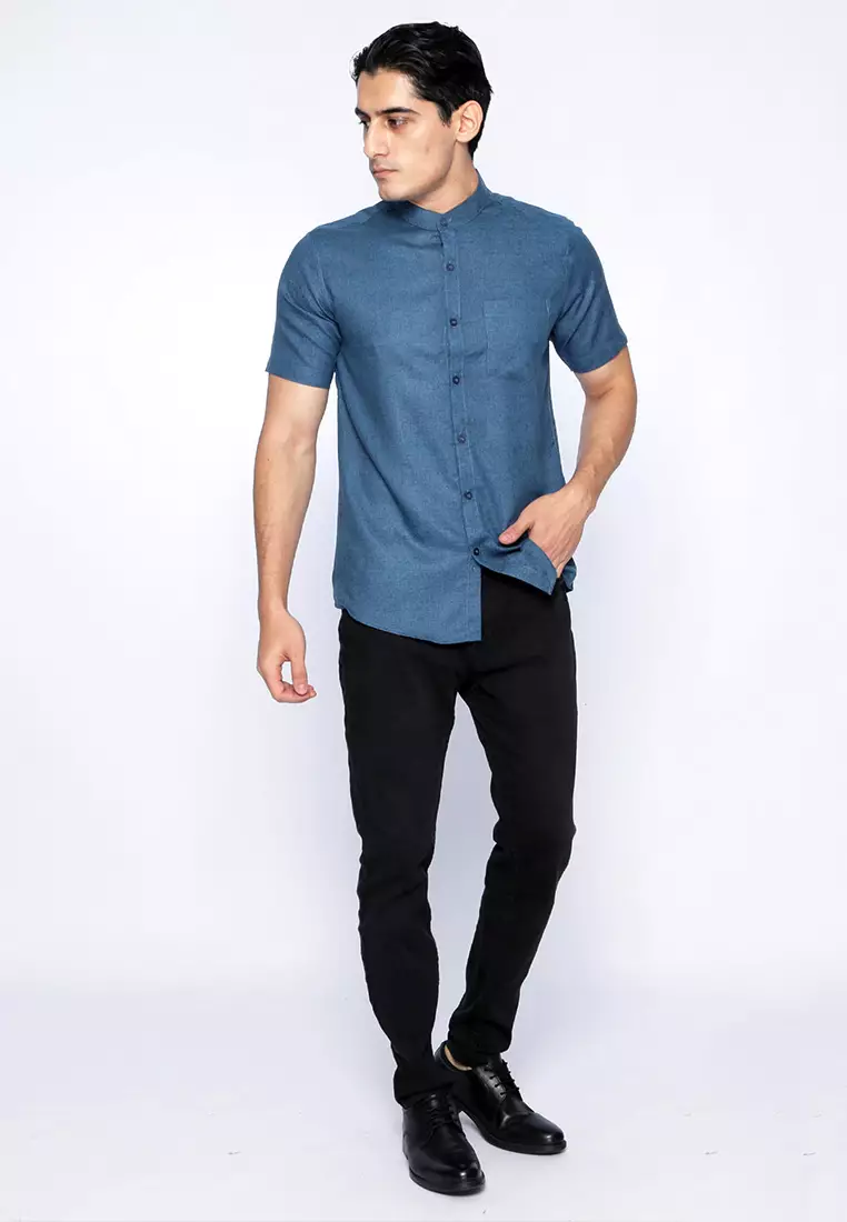 Simple Perfect Kemeja Pria Lengan Pendek Kerah Shanghai Solid Basic 2255 Deep Blue