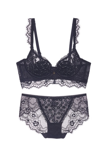 ZITIQUE black French Sexy Embroidered Bra Set - Black 8C9F9US03D9A8CGS_1