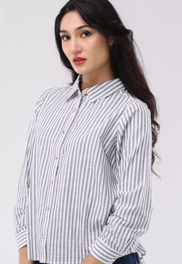 Stripes Linen Long Sleeves Button Down Collared Blouse