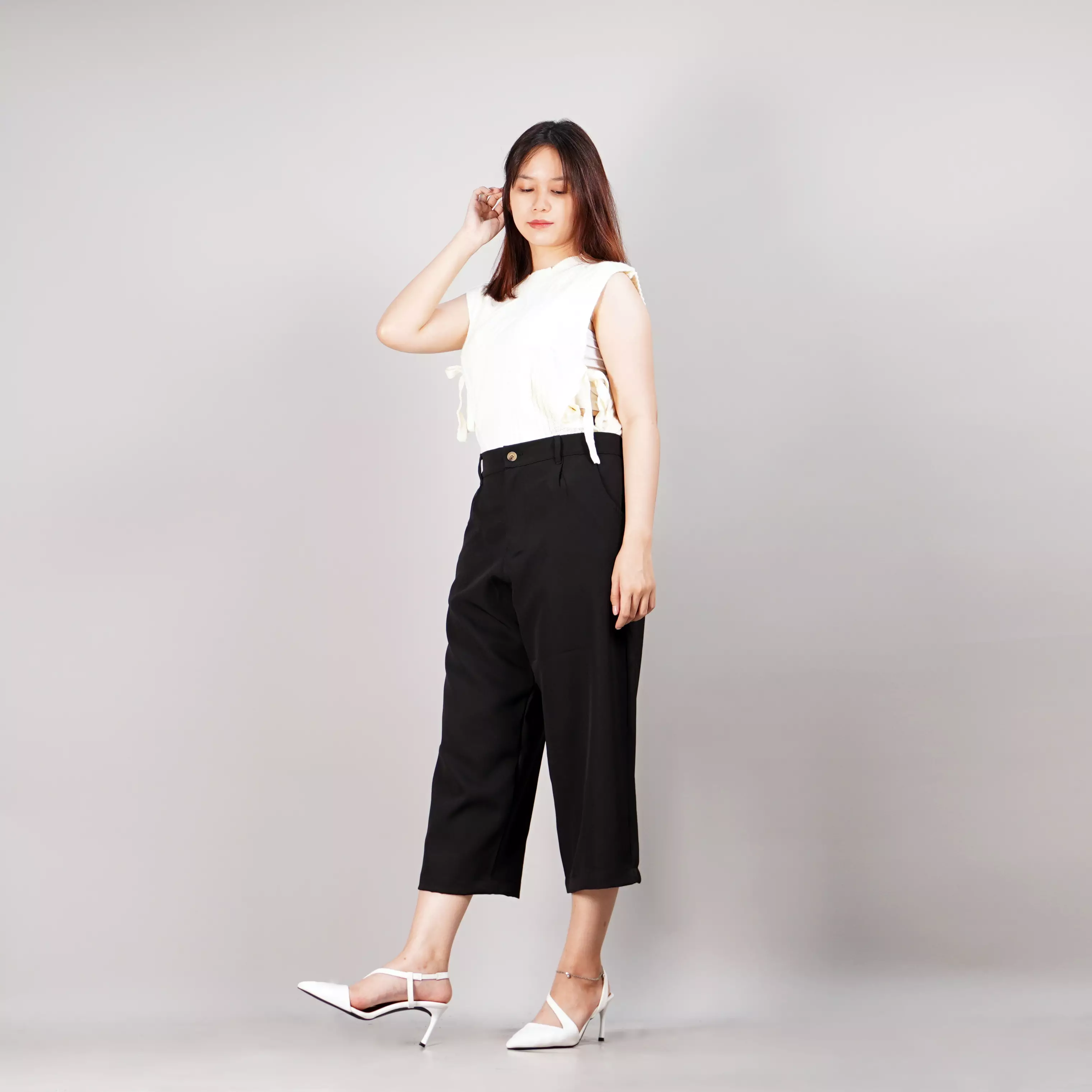 MONICA Celana Cropped Wide Leg Celana Wanita 3/4 Celana High Waist Wide Leg Pants - HITAM
