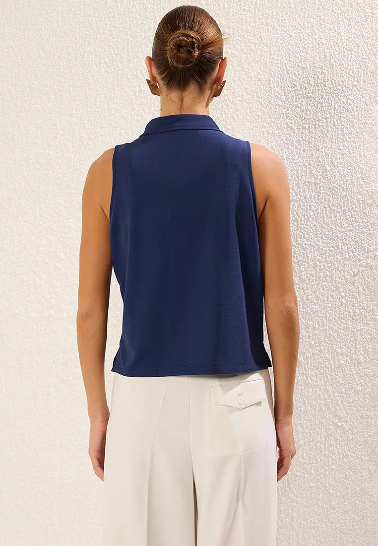 Navy Blue Snap Polo Collar Sleveless Regular Knitted Blouse