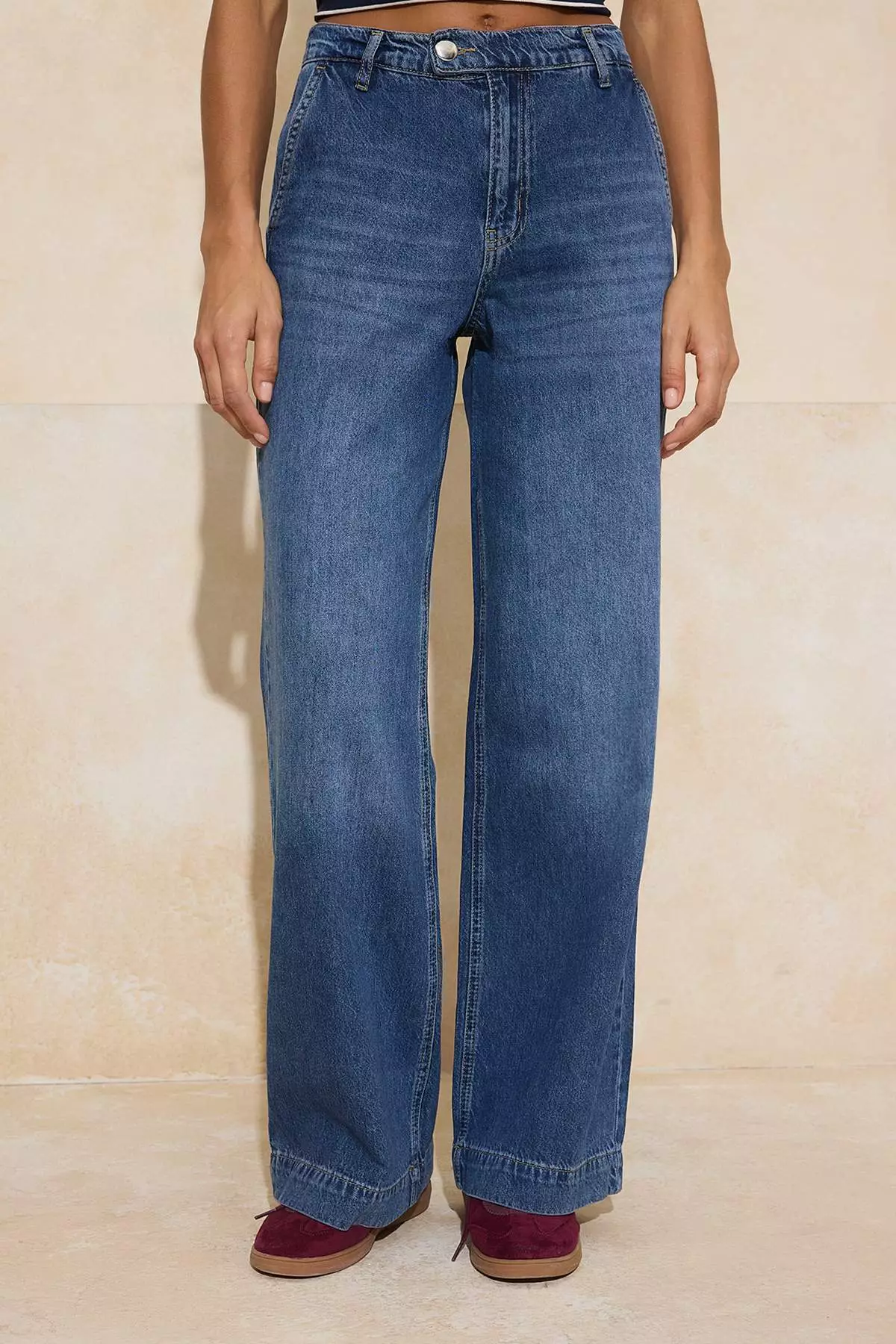 Dark Blue Drape Waist Detailed High Waist 1% Cotton Wide Leg Jeans Twoss26Je61