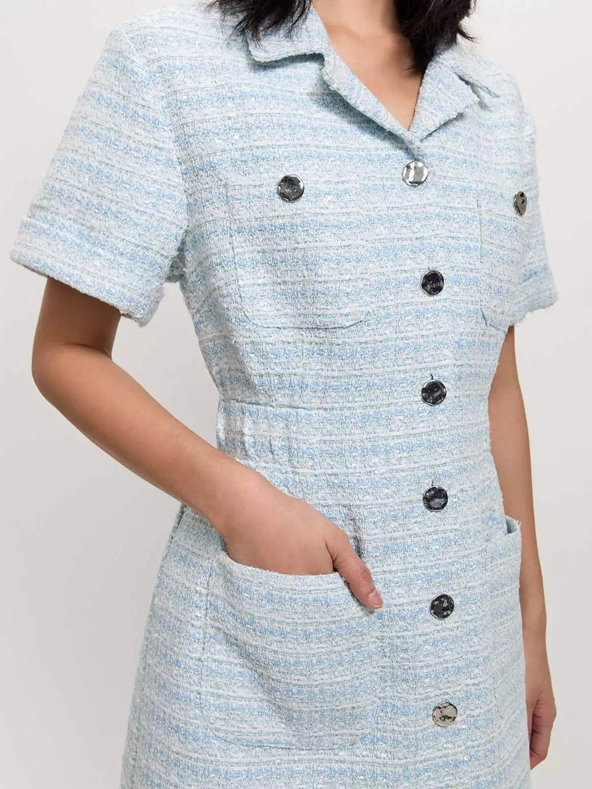 Tweed Front Pocket Dress - Baby Blue