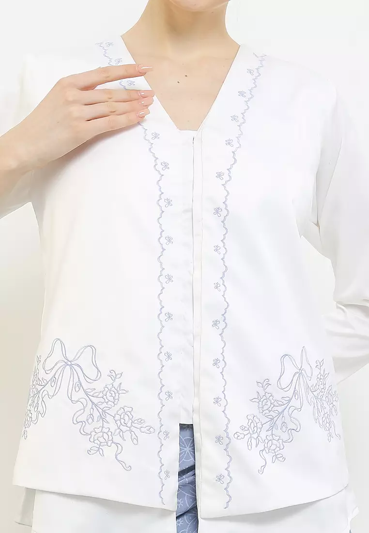 Blouse Atasan Kebaya Kutubaru Modern Wanita Kartini Kirani White Lengan Panjang