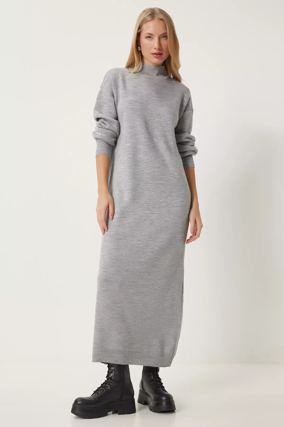 Women'S Gray Melange Turtleneck Long Knitwear Dress Dd01344