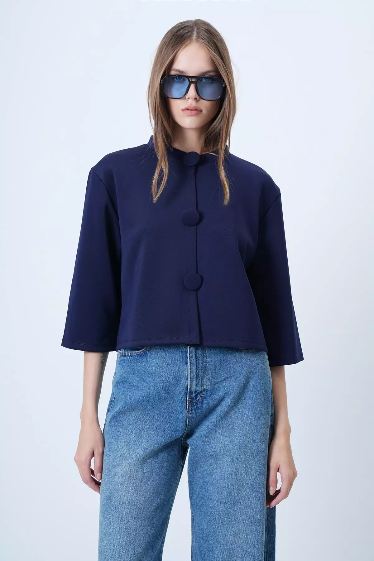 Navy Blue Coated Buttoned Crew Neck Special Design Crop Jacket Alc-X14647