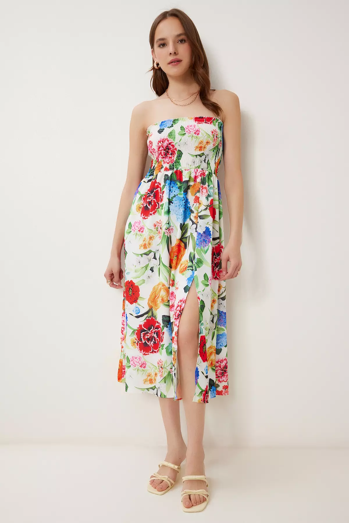 Women's Pink Bone Flower Pattern Strapless Woven Dress Jh00057