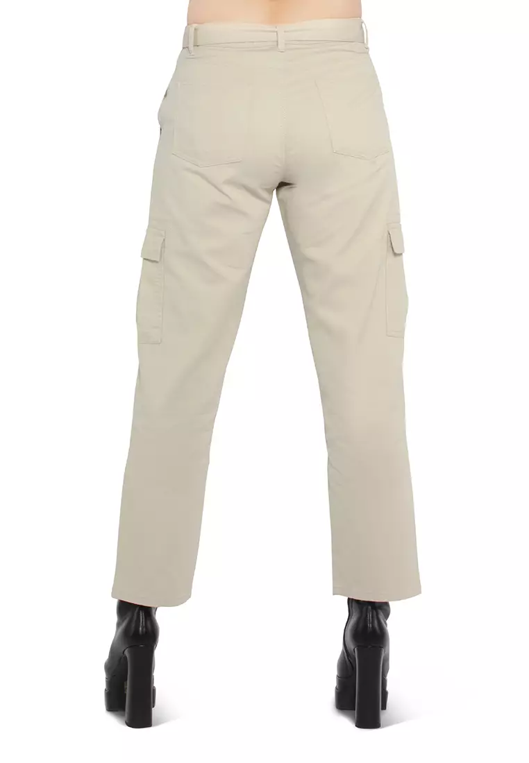 Beige Waist Bow Tie Paper bag Pants