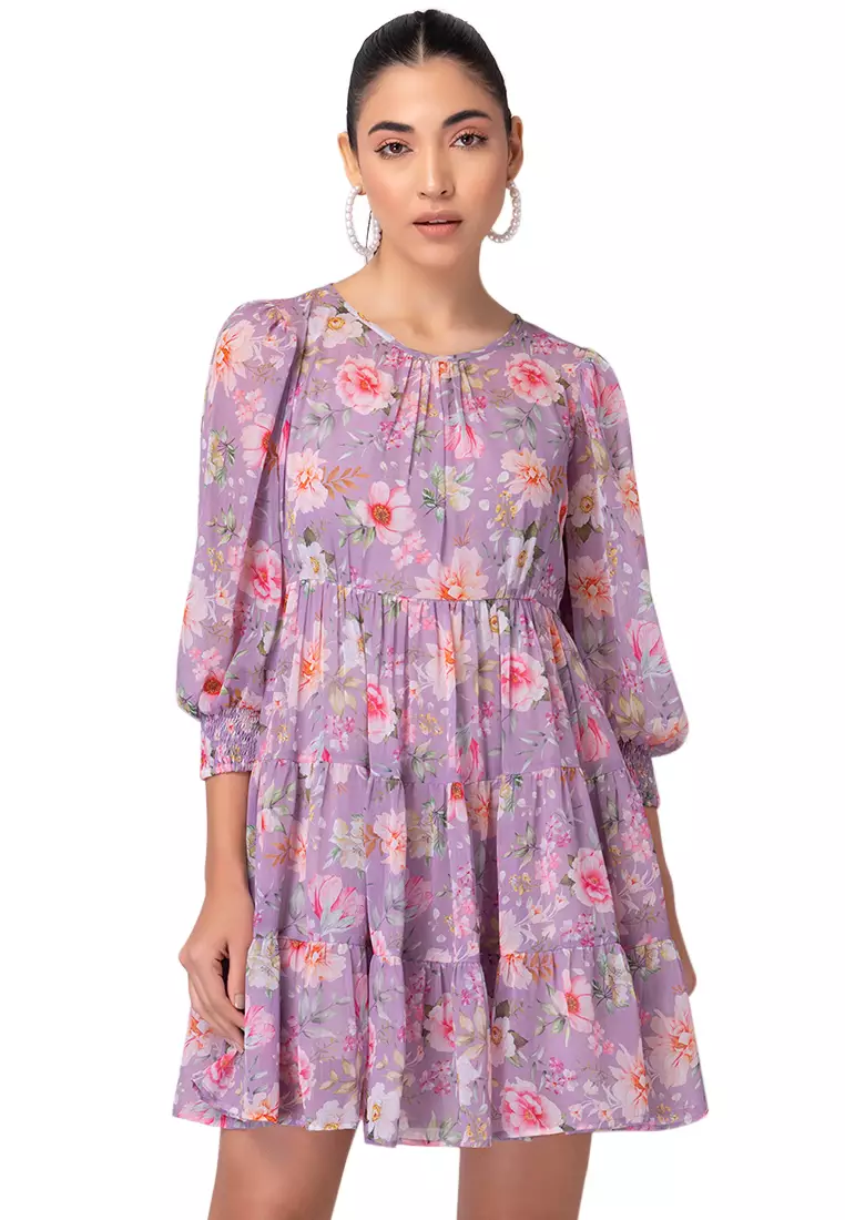 Lilac High Neck Ruffle Tiered Shift Dress