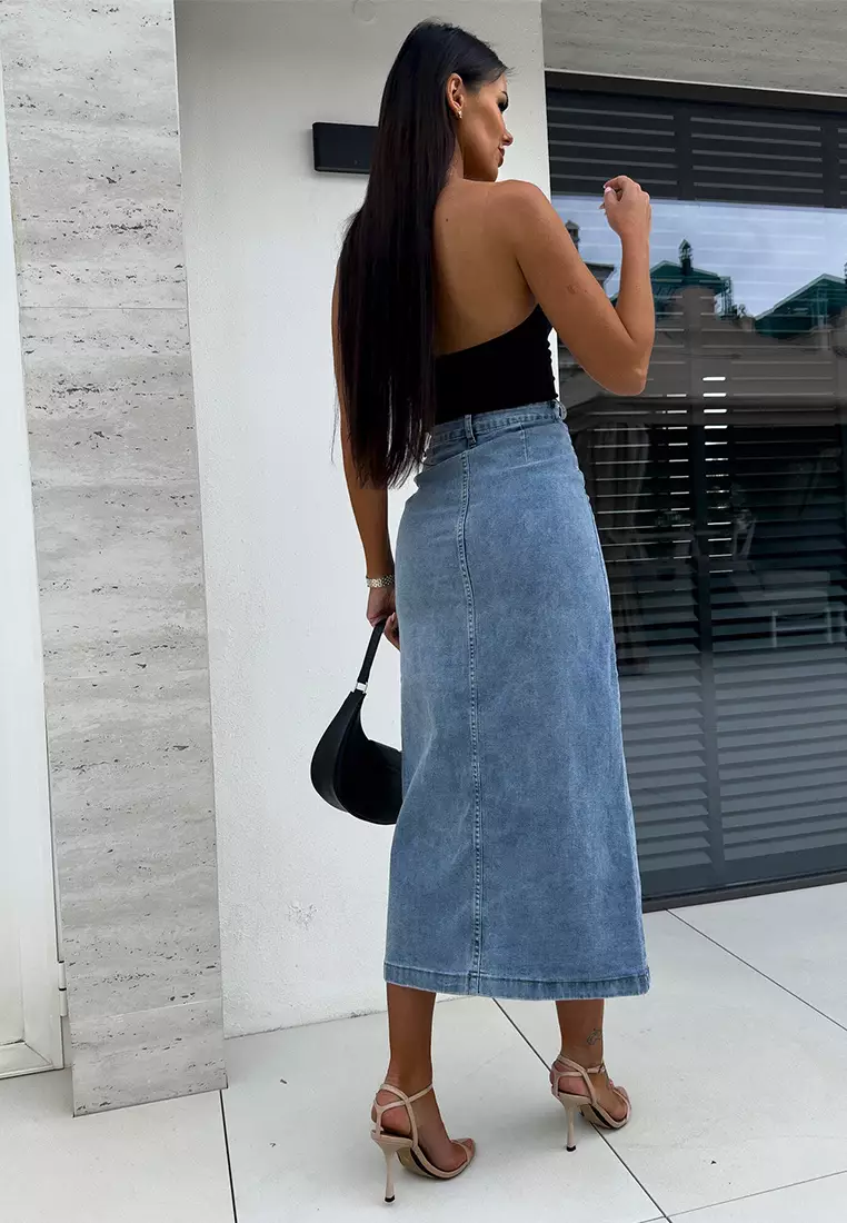 New button slim fit split half body denim skirt CA25042275LGBL