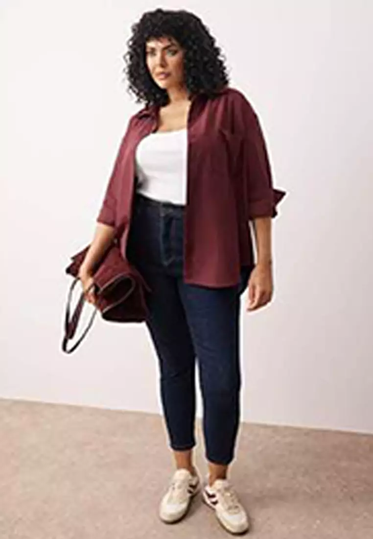 Dark Burgundy Boyfriend Large Size Woven Shirt Tbbss22Go0323
