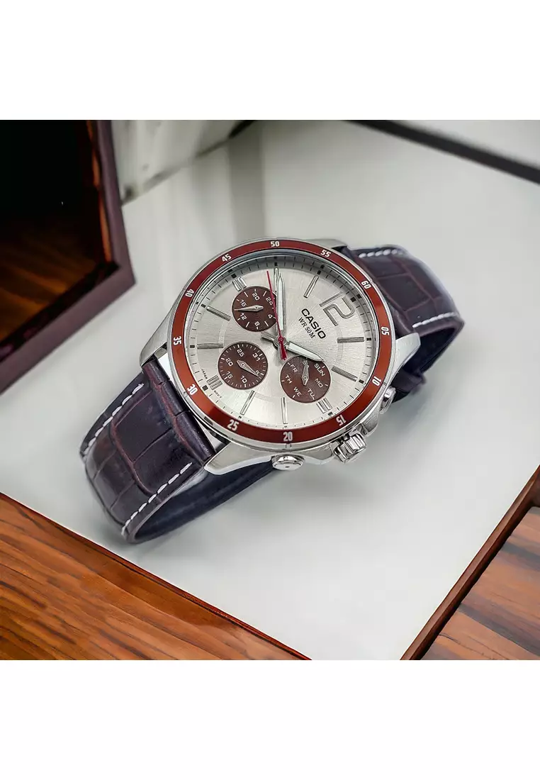 Men Chronograph Watch MTP-1374L-7A1V Brown Leather Strap