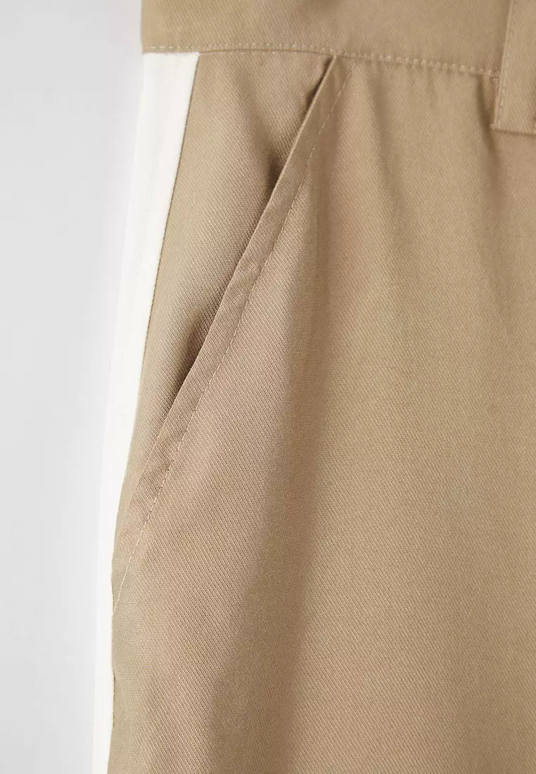 Beige Elastic Waistband Laced Ecru Panel Woven Plus Size Trousers