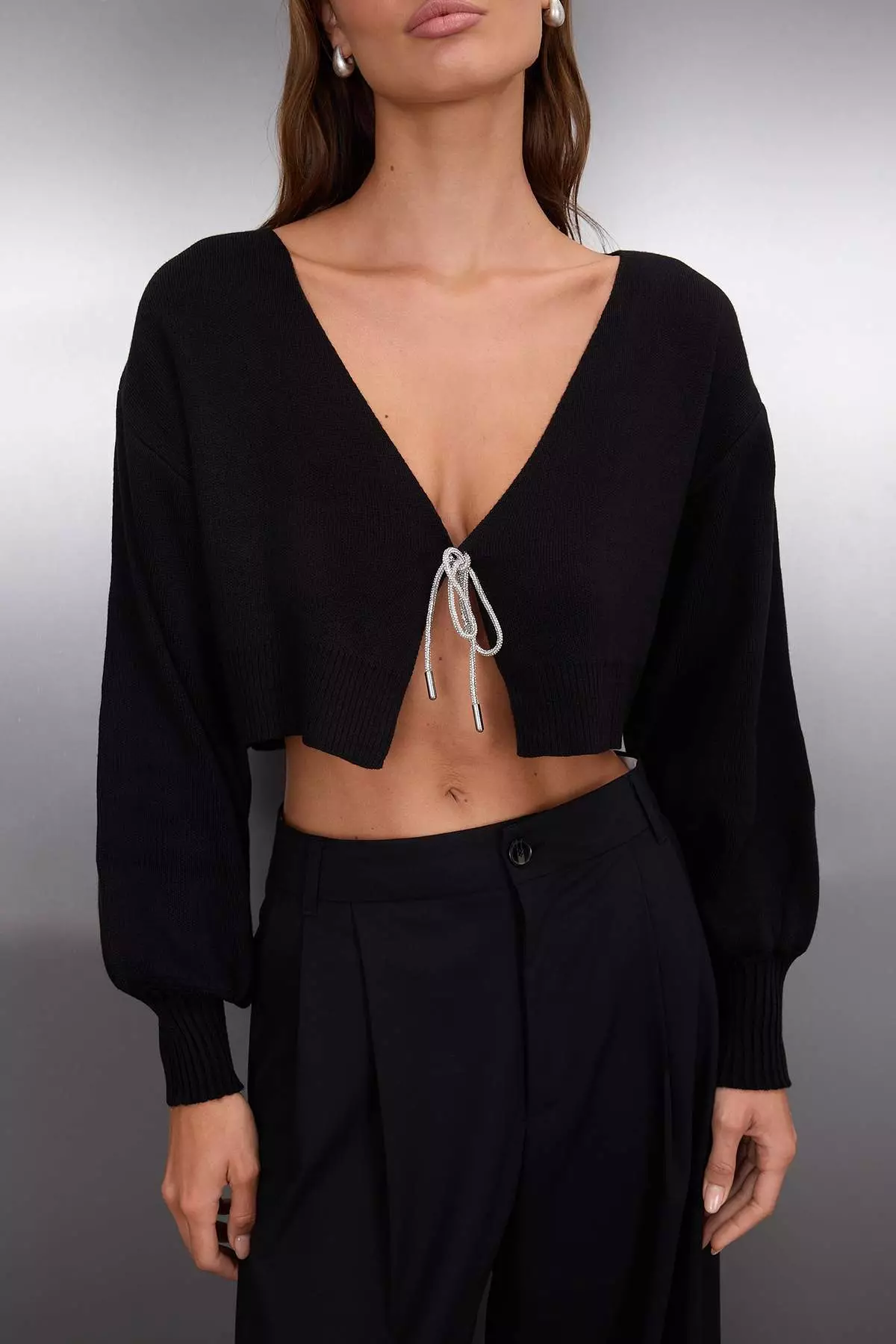 Black Super Crop Basic Bow Knitwear Cardigan Twoaw24Hi00315