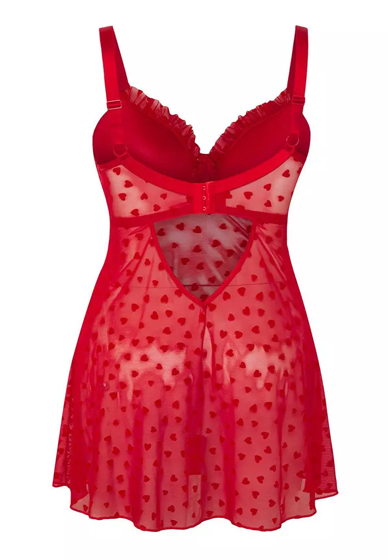 Red Fixed Covered Adjustable Strap Flocked Heart Pattern Plus Size Babydoll Tbbss25Dh00000