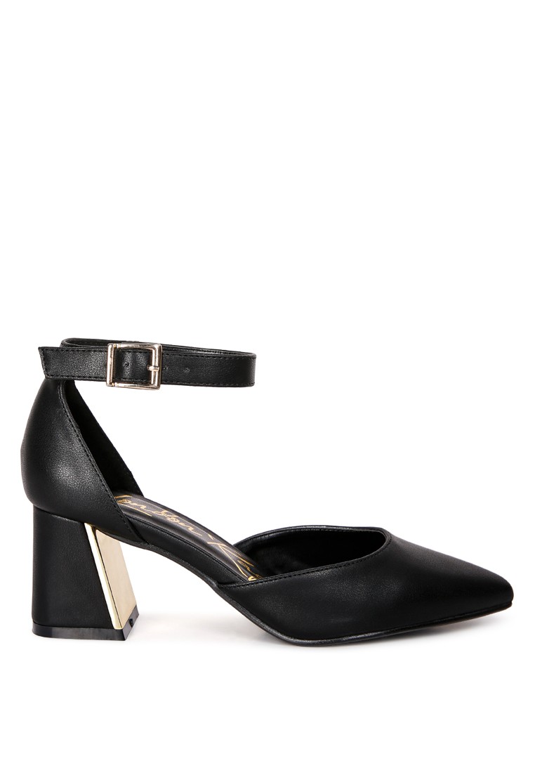 Black Faux Leather Metallic Accent Heeled Sandals