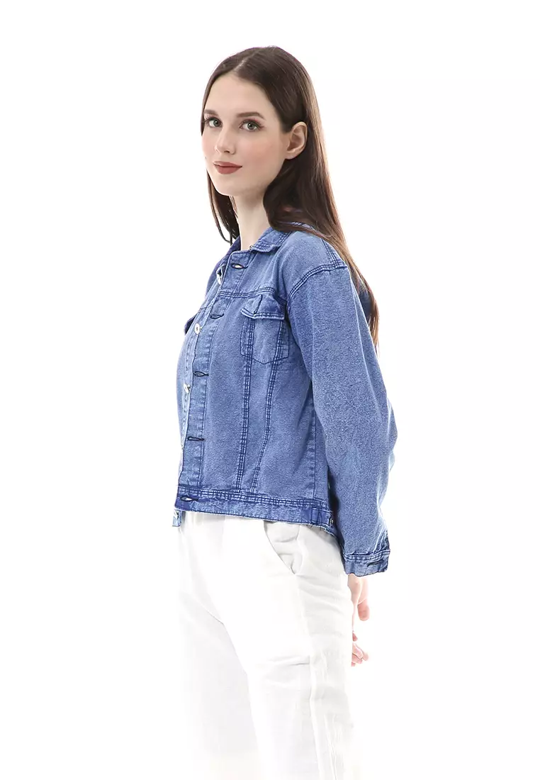 Bilah Jacket Jeans Biondy Atasan Wanita Crop All Size Premium Quality - Snow Blue