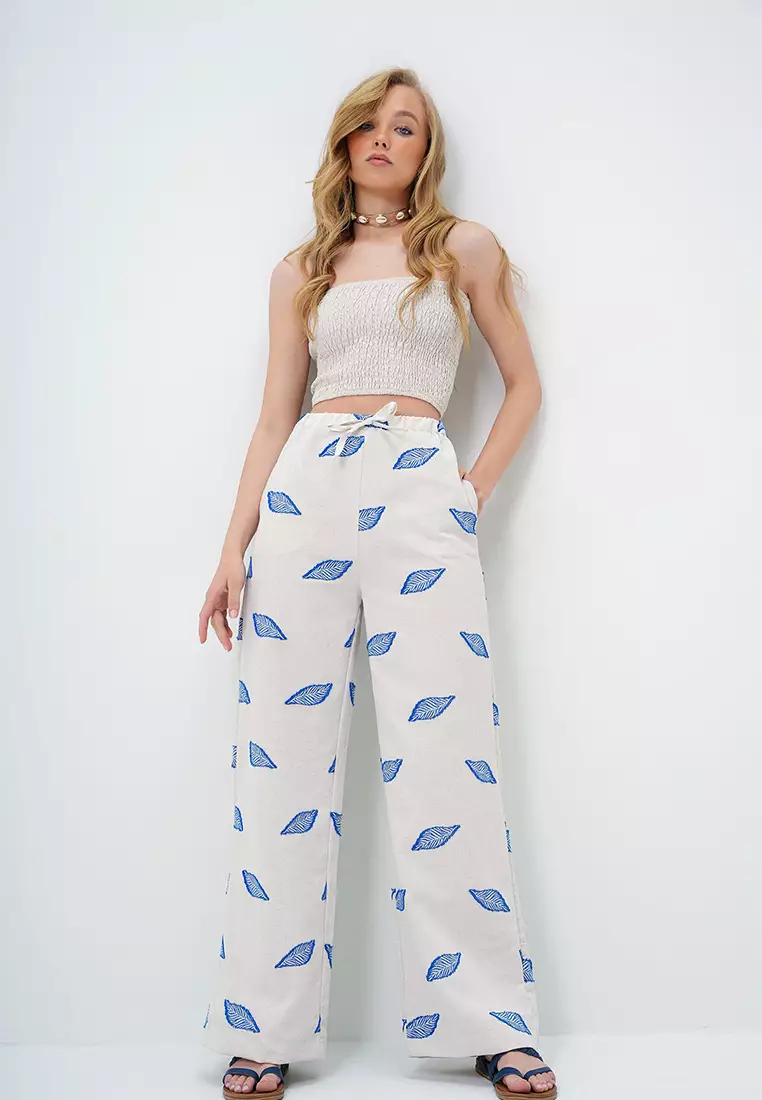 Women's Saks Double Pocket Leaf Patterned Woven Linen Trousers Alc-X13885